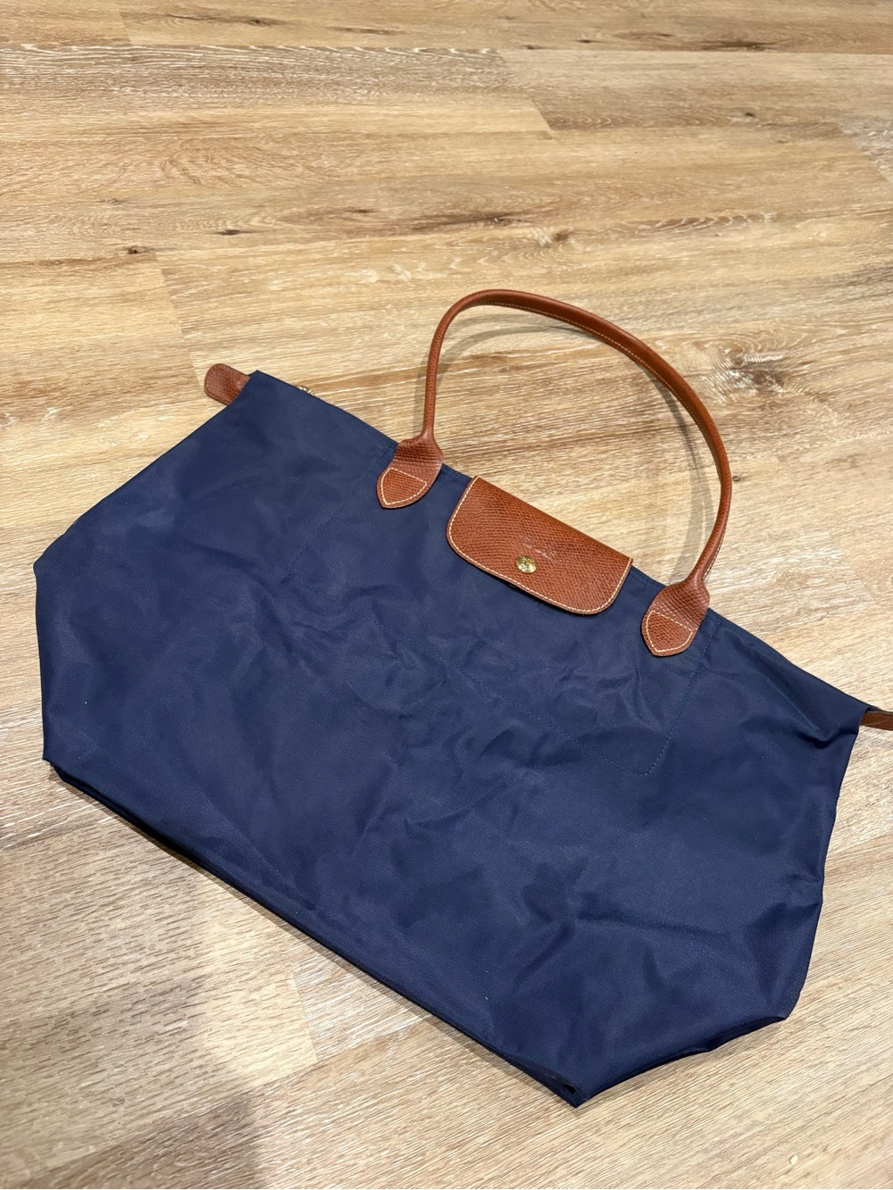 Longchamp Le Pliage Navy Tote with Brown Trim and Handles
